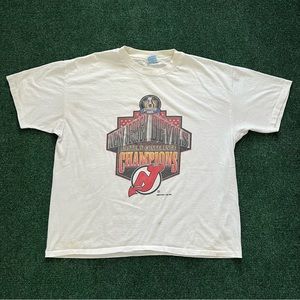 Vintage New Jersey Devils NHL Hockey Spellout Logo White T Shirt Size XL 25X27.5